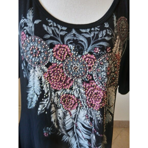 Womans Top Pullover Black Dream Catcher Feathers Rhinestones 1X Goth Rock Moto - Picture 5 of 12